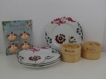 Four 8' Flowered Plates,  Helen Chin Mini Steamers, Monkey Drawer Pulls / Handles