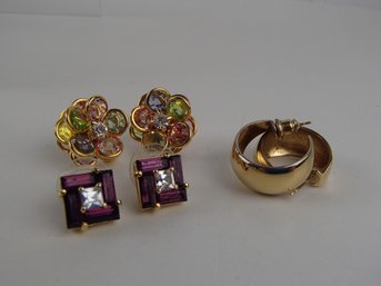 Monet Hoops, Flower Posts And Rhinestone And Amethyst Earrings