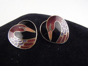 Vintage Roman Heart-Shaped Swan Cloisonne Stud Pierced Earrings