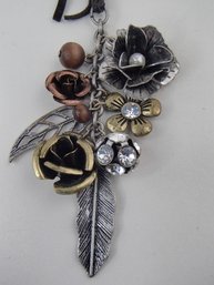 20' Flowers, Feathers And Leaves Necklace With Braided Leather Chain