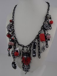 Enamel Lady Bug, Art Glass And Metal Necklace