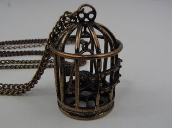 36' Birdcage With Perched Bird That Swings Necklace