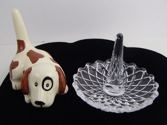 Ceramic Dog And Glass Ring Holders