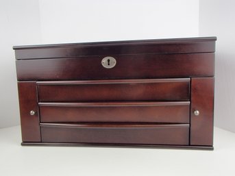 Locking Top Compartment Three Drawer Jewelry Box With Side Door Storage And Mirror