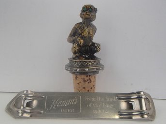 Heavy Enamel Metal Monkey Wine Stopper And Hamm's Beer Church Key