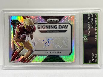 2023 PANINI PRIZM DRAFT PICKS ZAY FLOWERS SIGNING DAY SILVER PRIZM HOLO AUTOGRAPHED ROOKIE CARD GRADED EJE 10