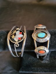 Turquoise And Coral And Inlay Bracelets