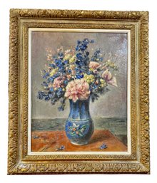 'Bouquet In Blue Vase' Oil On Canvas