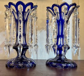 Cobalt Cut To Clear Mantle Lustres, Circa 1860