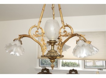 Ornate Five-Light Brass Chandelier With Glass Shades