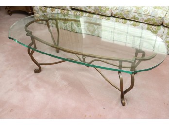 Ornate Brass-Tone Metal And Glass Oval Coffee Table