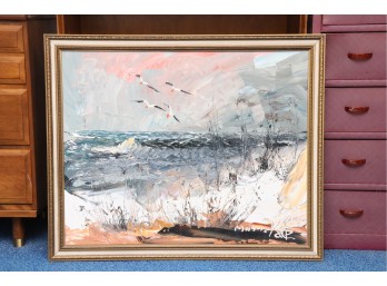Morris Katz Seascape Oil Painting With Flying Seagulls