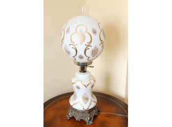 Ornate Vintage Milk Glass Table Lamp With Gold Floral Design