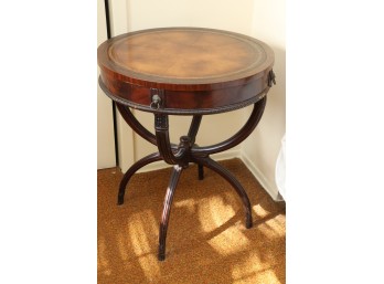 Regency Style Mahogany & Leather Drum Table With Lion Head Pulls