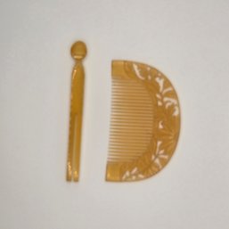 Rare Vintage Amber Vanity Comb And Hairpin, Over 200 Years Old Antique