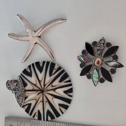 Three Sterling Silver Pendants - Starfish, Shell And Inlay Believed To Be Abalone