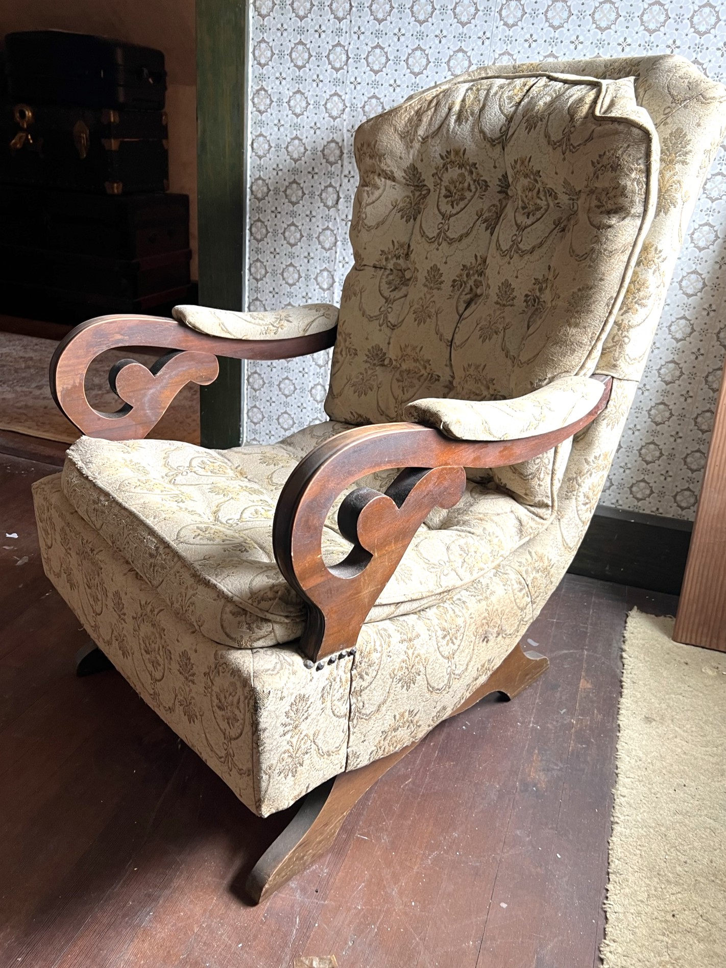 3BB/ Lovely Antique Parlor Style Wood & Upholstered Rocking Chair W ...
