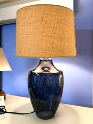 AN-49/ Large Blue Glass Table Lamp With Tan Burlap Like Shade
