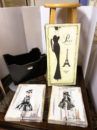 AN-372/ 5pcs - Pottery Barn Magazine Holder, Wood Bar Stool, 3 Canvas Prints Of Paris - Liesl Long & E Adam