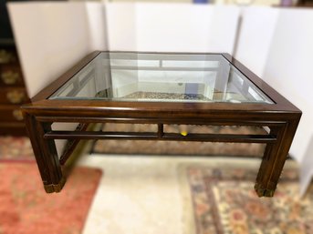 AN-26/ Classic Henredon Glass And Solid Wood Coffee Table With Beveled Glass And Brass Accents