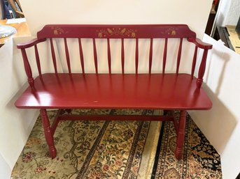 AN-57/ Deacon Bench - Red Paint With Gold Stencil, Trestle Base