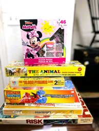 AN-360/ 7pcs - Vtg Board Games & Floor Puzzles: Risk, Parcheesi, Aggravation, ABC & Minnie Mouse Floor Puzzles