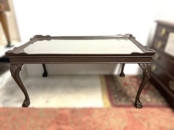 AN-29/ Petite Vintage Glass Top Wood Coffee Table With Queen Anne Style Legs