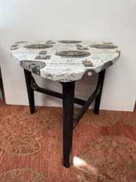 AN-91/ Small Painted Wood Triangular Accent Table With Halloween Fabric Covering Seat And Stenciled Legs