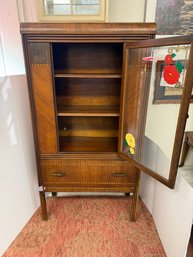 AN-24/ Vintage/Antique Glass Front Wood Display Cabinet, Inlaid Wood Detailing, Painted Floral On Glass Etc