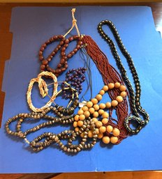 1K/ Bag 9pcs - Assorted Beaded Necklaces: Wood, Plastic, Abalone Flower On Leather Cord