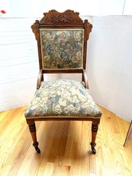 1K/ Antique Eastlake Victorian Carved Parlor Chair, Tapestry Upholstery, 2 Wheels