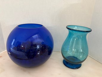 1LR/ 2pcs - Beautiful Blue Glass Decor - Cobalt Blue Round W Beads Inside, Pale Blue Candle Holder/Vase