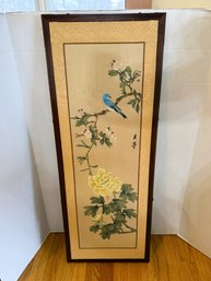 1LR/ Tall Narrow Art Panel In Wood Frame - Blue Bird, Flowers With Asian Letters