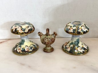 1LR/ 3pcs - Elaborate Candlesticks Featuring Cherubs - Italy And Small Jug - Manolo Badajoz