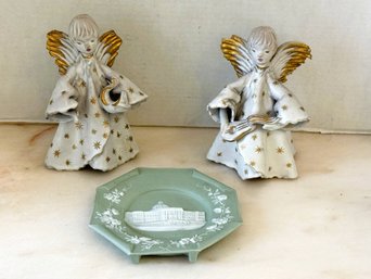 1LR/ Bin 3pcs - Jasperware US Congress Library Small Plate, Vera Magda Braga Majolica Angels