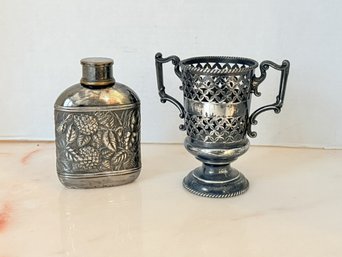 1LR/ 2pcs - Vintage Silverplate 2 Handle Reticulated Chalice, Meridian Co #8 Repousse Flask