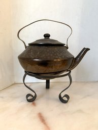 1LR/ 2pcs - Vintage Heavy Pottery Tea Kettle With Copper Handle On Metal Stand