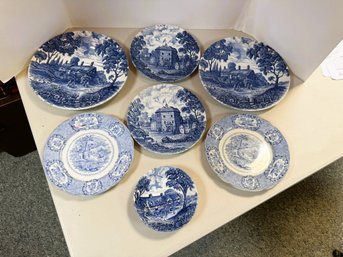 C/ 7pcs - Blue & White Ironstone 'Royal Essex' England Dinnerware, 'Shakespeares Country' Bowl, Plates 2 Sizes