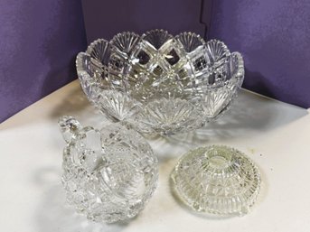C/ 3pcs - Beautiful Cut Glass Bowl & Creamer, Pressed Glass Candle Holder