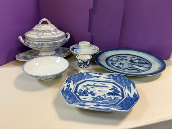 C/ 7 Pcs - Asst Vintage Blue & White Flow Blue & Transferware Plates, Cup, Covered Serve Bowl Etc