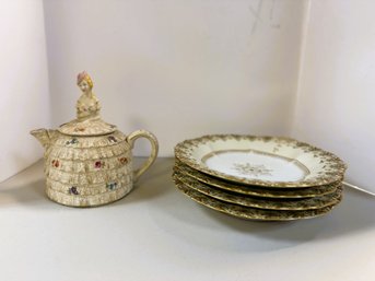 C/ 5pcs - Dainty Victorian Lady Teapot, 4 Beautiful Limoges Scalloped Soup/Salad Bowls