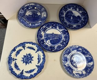 C/ 5pcs  Vintage Blue & White Ironstone And Flow Blue Plates & Bowl - W. Adams & Co, Rowland Marsellus Co. Etc