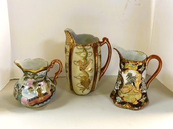 C/ 3pcs - Elaborately Detailed Vintage Asian Porcelain Gold Accent Pitchers - Marked