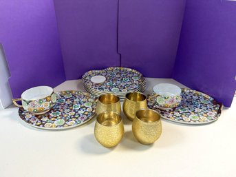 C/ 13pcs - 4 Gold Foil Small Cups, 7 Gorgeous Kutani Hand Painted Luncheon Plates W 2 Matching Teacups