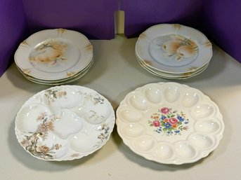 C/ 8pcs - Set Of 6 Lovely Delicate Fruit Motif Dessert Plates, Floral Oyster Plate & Egg Plate - Limoges Etc