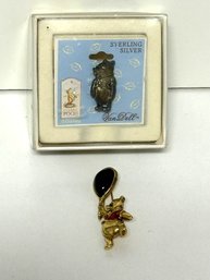SH/ Bag 2pcs - Pins: Sterling Silver 'Van Dell' Winnie The Pooh In Box, Gold Tone 'Disney' Pooh W Balloon