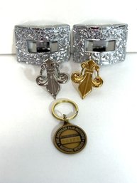 SH/ Bag 5pcs - Gold And Silver Tone Belt Buckles, Fleur De Lis Scarf Rings & Film Institute Key Chain