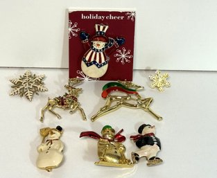 SH/ Bag 8pcs -Charming Costume Holiday Themed Pins - Snowmen, Reindeer, Snowflakes Etc