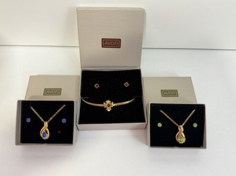 SH/ Box Avon Gold Tone Necklace & Pierced Stud Earring Sets: 17' W Red Stones, 18' Green & Blue W Rhinestones