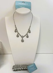 SH/ Bag 2pcs - Lovely Monet 'Bridal Collection' Rhinestone Stretch Cuff Bracelet & 18' Tear Drop Necklace